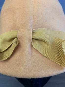 Womens, Hat, GLENOVER, Mustard Yellow, Wool, Solid, Felt, Cloche Style, Mustard Grosgrain Bow Interwoven Into Felt,