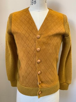 Mens, Sweater, MC BRIAR, Ochre Brown-Yellow, Wool, Polyester, M, Cardigan, V-neck, Suede Quilted, Single Breasted, Button Front, 6 Buttons, Brown Stripes on Side Front, Knit Sleeves & Back