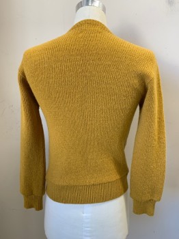 Mens, Sweater, MC BRIAR, Ochre Brown-Yellow, Wool, Polyester, M, Cardigan, V-neck, Suede Quilted, Single Breasted, Button Front, 6 Buttons, Brown Stripes on Side Front, Knit Sleeves & Back