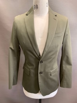 BANANA REPUBLIC, Olive Green, Cotton, Spandex, Notched Lapel, Single Breasted, Button Front, 2 Buttons,  3 Pockets