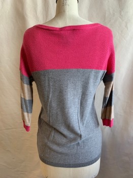 C&C, Hot Pink, Heather Gray, Beige, Cashmere, Cotton, Stripes, Color Blocking, Pique Yoke, Ballet Neck, Stripe Sleeve, 3/4 Sleeve, Hot Pink Ribbed Knit Cuff, Ribbed Knit Waistband