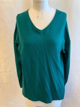 J. CREW, Dk Green, Wool, Nylon, Solid, V-neck, Rolled Neck, Long Sleeves, Ribbed Knit Wide Waistband/Cuff, Side Seam Slits