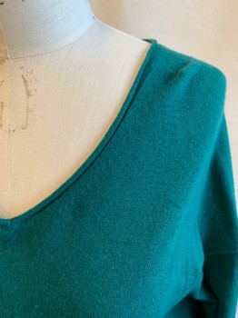J. CREW, Dk Green, Wool, Nylon, Solid, V-neck, Rolled Neck, Long Sleeves, Ribbed Knit Wide Waistband/Cuff, Side Seam Slits