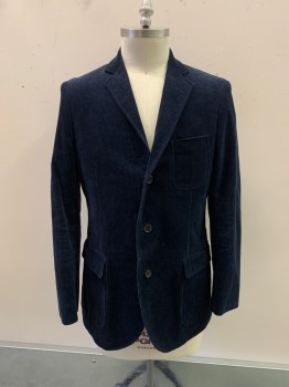 BROOKS BROTHERS, Navy Blue, Cotton, Spandex, Solid, Single Breasted, 3 Buttons, Notched Lapel, 3 Pockets, Corduroy, Brown Suede Elbow Patches