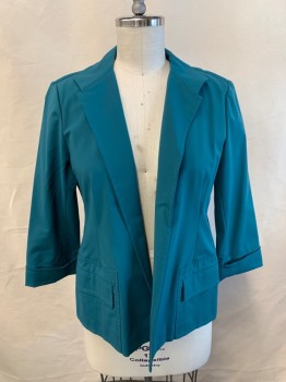 Womens, Blazer, LAFAYETTE 148, Teal Green, Synthetic, Solid, L, 3/4 Sleeve, Patch Pockets with Flops, Notched Lapel, Cuffed Sleeves, Lapel Tacked Down