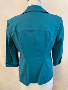 Womens, Blazer, LAFAYETTE 148, Teal Green, Synthetic, Solid, L, 3/4 Sleeve, Patch Pockets with Flops, Notched Lapel, Cuffed Sleeves, Lapel Tacked Down
