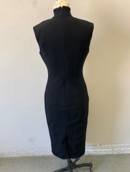 N/L, Black, Polyester, Spandex, Solid, Waffle Texture Stretch Material, Turtleneck, Sheath Dress, Hem Below Knee, Invisible Zipper in Back