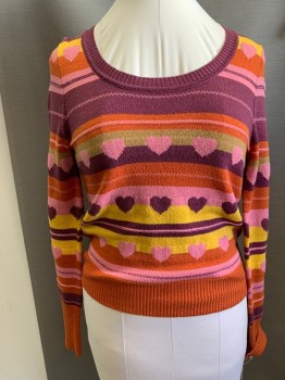 MARC JACOBS, Orange, Plum Purple, Pink, Goldenrod Yellow, Khaki Brown, Wool, Stripes - Horizontal , Novelty Pattern, Semi Scoop Neck, H-stripe with Hearts, Long Sleeves, Pullover,