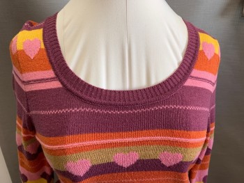 MARC JACOBS, Orange, Plum Purple, Pink, Goldenrod Yellow, Khaki Brown, Wool, Stripes - Horizontal , Novelty Pattern, Semi Scoop Neck, H-stripe with Hearts, Long Sleeves, Pullover,