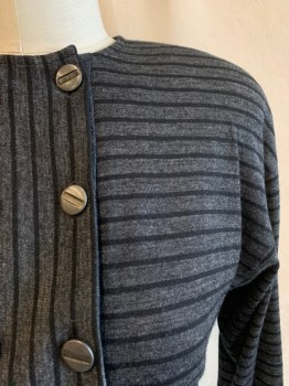 Womens, 1980s Vintage, Piece 1, N/L, Dk Gray, Black, Wool, Stripes, Heathered, W26-28, B36, TOP, Round Neck, 6 Buttons Down Front, L/S, Shoulder Pads, Cropped