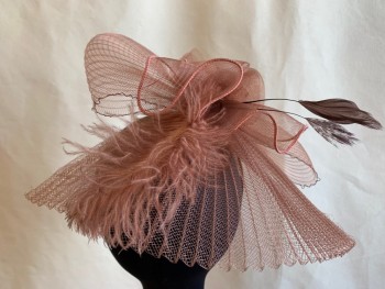 Womens, Fascinator, N/L, Copper Metallic, Plastic, Feathers, Solid, Bronzy Brown Satin Covered Headband with Pleated Horsehair Bow, Rosettes with Pearl Centers and Feather Sprays