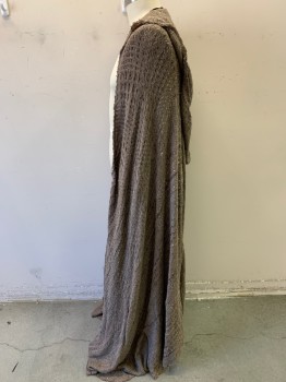 Unisex, Historical Fiction Cape, MTO, Brown, Polyester, Basket Weave, O/S, Fantistical, Sci-fi Druid, Hook/eye Close at Neck, Leather Straps for Securing Under Arms, Generous Hood, Very Long, Heavy, Knit, Bias Cut with Gores, Mysterious Non-fasteners and Leather Loops