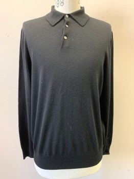 BROOKS BROTHERS, Black, Wool, Collar Attached, Half Button Front, Long Sleeves, Knit