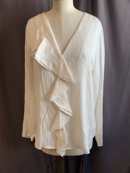 THEORY, White, Silk, Solid, V-neck, Pullover, Ruffle Front, Long Sleeves