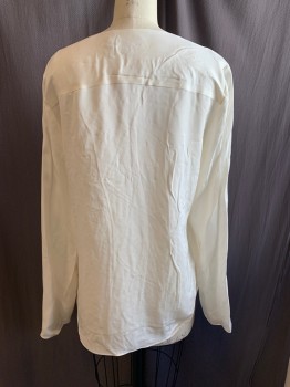 THEORY, White, Silk, Solid, V-neck, Pullover, Ruffle Front, Long Sleeves