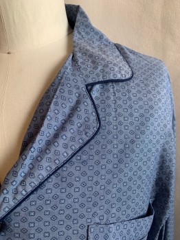 STAFFORD, Blue-Gray, Navy Blue, Lt Blue, Cotton, Floral, SHIRT, Collar Attached, Button Front, Notched Lapel, 1 Pocket, Navy Pipe Trim, Geometric Floral Pattern,