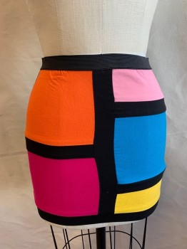HOT & DELICIOUS, Black, Orange, Pink, Blue, Hot Pink, Rayon, Cotton, Color Blocking, Black Elastic Waistband, Mondrian Style on Front