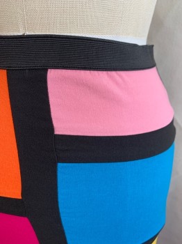 Womens, Skirt, Mini, HOT & DELICIOUS, Black, Orange, Pink, Blue, Hot Pink, Rayon, Cotton, Color Blocking, W22, Black Elastic Waistband, Mondrian Style on Front