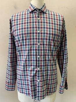 Billy Reid, Navy Blue, Red, Gray, Mint Green, Cotton, Gingham, L/S, Button Front, C.A., Chest Pocket