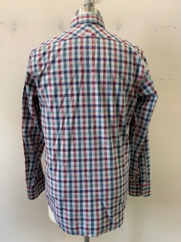 Billy Reid, Navy Blue, Red, Gray, Mint Green, Cotton, Gingham, L/S, Button Front, C.A., Chest Pocket