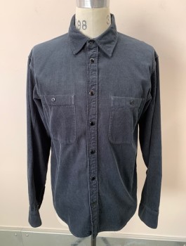 RAG & BONE, Steel Blue, Poly/Cotton, Solid, L/S, B.F., Snap Front, Chest Pockets With Buttons, Corduroy, Black Buttons And Snaps