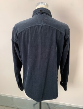 RAG & BONE, Steel Blue, Poly/Cotton, Solid, L/S, B.F., Snap Front, Chest Pockets With Buttons, Corduroy, Black Buttons And Snaps