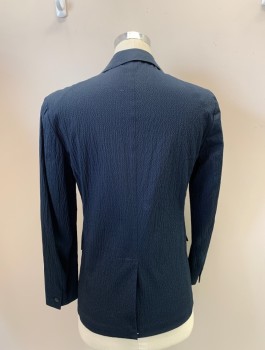 THEORY, Dk Blue, Cotton, Polyurethane, Solid, Textured Fabric, Single Breasted, 2 Buttons, Notched Lapel, 2 Pockets,