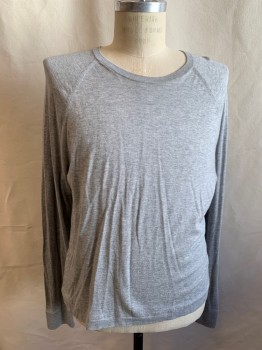 JAMES PERSE, Lt Gray, Cotton, Heathered, Ribbed Knit Scoop Neck, Raglan Long Sleeves, Ribbed Knit Cuff