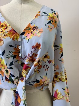 LEITH, Baby Blue, Orange, Peach Orange, Dk Green, Plum Purple, Polyester, Floral, Flared Long Sleeve, V Neck, Button Front, With Front Bottom Tie,