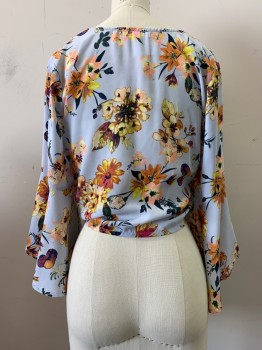 LEITH, Baby Blue, Orange, Peach Orange, Dk Green, Plum Purple, Polyester, Floral, Flared Long Sleeve, V Neck, Button Front, With Front Bottom Tie,