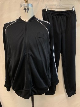 ADIDAS, Black, White, Polyester, Solid, Stripes, TRACK JACKET, White Piping, Triple Stripe Dow Sleeves, Zip Front, Black Patch Covering ADIDAS Logo on Left Chest, 2 Side Zip Pockets