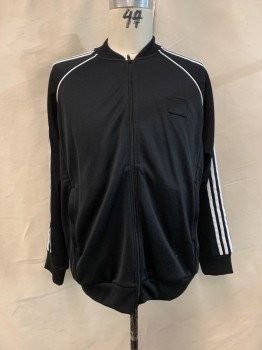 ADIDAS, Black, White, Polyester, Solid, Stripes, TRACK JACKET, White Piping, Triple Stripe Dow Sleeves, Zip Front, Black Patch Covering ADIDAS Logo on Left Chest, 2 Side Zip Pockets