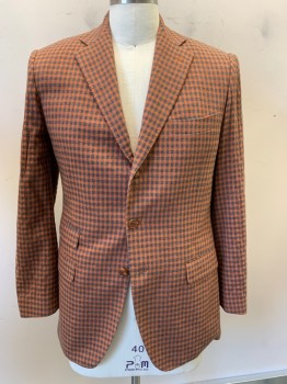 VITALE BARBERIS, Rust Orange, Gray, Wool, Cotton, Check , Single Breasted, Notched Lapel, 3 Buttons, 4 Pockets, Has Been Altered/Taken in to Be Smaller
