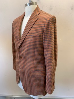 VITALE BARBERIS, Rust Orange, Gray, Wool, Cotton, Check , Single Breasted, Notched Lapel, 3 Buttons, 4 Pockets, Has Been Altered/Taken in to Be Smaller