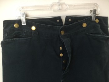 MTO, Faded Black, Cotton, Solid, Faded Black, 2" W/5 Brass Buttons Waist Band Front,  Flat Front, Matching Smaller Brass Button Front, Chevron Waist Back W/triangle Cut Out with 2 Brass Buttons and Adjustable Belt Center, 3 Pockets, (small Hole on the Bottom of Zipper)