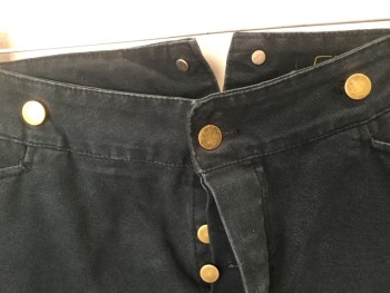 MTO, Faded Black, Cotton, Solid, Faded Black, 2" W/5 Brass Buttons Waist Band Front,  Flat Front, Matching Smaller Brass Button Front, Chevron Waist Back W/triangle Cut Out with 2 Brass Buttons and Adjustable Belt Center, 3 Pockets, (small Hole on the Bottom of Zipper)