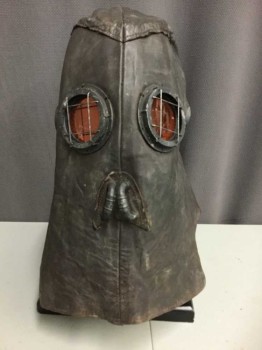 Unisex, Sci-Fi/Fantasy Mask, MTO, Dk Brown, Black, Leather, Plastic, 'Mad Scientist' Lab, Mask Of Leather, Clear Red Plastic Eyes Covered With Metal Brackets, Plastic Ear Details, Plastic Handle Nose Detail