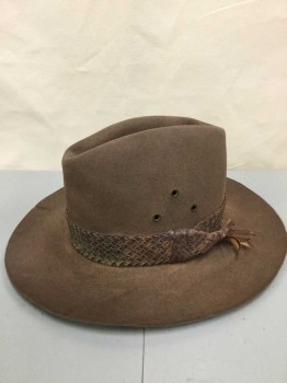 Mens, Cowboy Hat, N/L, Brown, Wool, Leather, Felt, W/Braided Leather Band, 3 Metal Grommets On Each Side