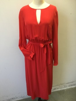 SEZANE, Red, Silk, Solid, Red with Red Lining, Round Neck with Cut-out Triangle Font Center, Long Sleeves with 1 Cover Button, Thin Elastic Waist Gathered, with SELF BELT, Zip Back, Flowy Skirt Below Knee