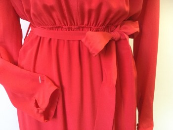 SEZANE, Red, Silk, Solid, Red with Red Lining, Round Neck with Cut-out Triangle Font Center, Long Sleeves with 1 Cover Button, Thin Elastic Waist Gathered, with SELF BELT, Zip Back, Flowy Skirt Below Knee