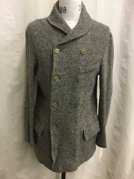Mens, Jacket 1890s-1910s, NO LABEL, Green, Tan Brown, Taupe, Wool, Tweed, 40, Double Breasted, 1 Faux Chest Pocket, 2 Hip Pockets with Flaps, Short Shawl Collar,