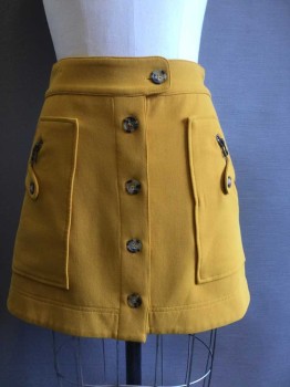 VERONIKA BEARD, Mustard Yellow, Polyester, Solid, Button Front, Button Tab Waistband, 2 Patch Pocket with Zips and Button Tabs