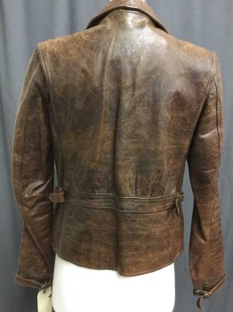 Mens, Leather Jacket, Brown, Leather, Mottled, 36, A Little Aged/Distressed,  Zip Front, 2 Flap Pockets with Diagonal Welt Pocket Details. One Zip Breast Pocket, Side Waist Buckle Straps, Buckle Straps At Cuffs. Tan Plaid Lining