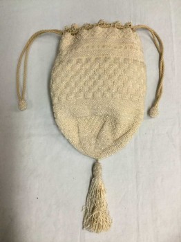 Womens, Purse 1890s-1910s, N/L, Ecru, Clear, Silk, Beaded, with Clear Beading Bucket Type Back, Check and Stripe Beading with Starburst At Bottom, Double Silk Coiled Rope Drawstring Closure with Beaded Balls At Ends, Ecru Silk Tassel At Bottom with Clear Beading, Silk Lining Disintegrating,