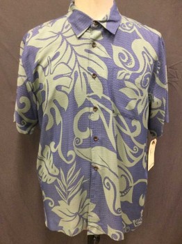 QUICK SILVER, Olive Green, Navy Blue, Polyester, Hawaiian Print, Leaf, Button Front, Collar Attached, Short Sleeve,  1 Pocket,