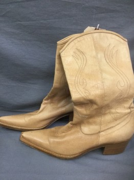 Womens, Cowboy Boots, N/L, Lt Brown, Leather, Solid, 8.5, Pointy Toe, Exaggerated Out Sole and Welt, 1 1/2" Stack Heel