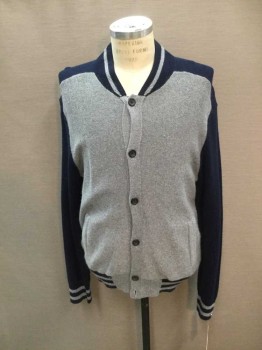 BANANA REPUBLIC, Gray, Cotton, Nylon, Solid, Navy Sleeves/Shoulders, Stripe Ribbed Knit Collar/Cuff, 6 Buttons