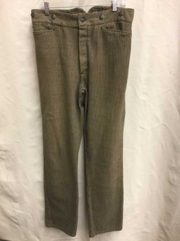 WAH MAKER, Brown, Charcoal Gray, Cotton, Stripes - Pin, Canvas/Denim Like Material, Flat Front, Button Fly, Suspender Buttons On Outside Waist, 3 Front Pockets, 1 Back Pocket, Belted Back Waist