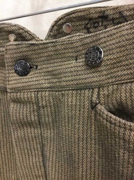 WAH MAKER, Brown, Charcoal Gray, Cotton, Stripes - Pin, Canvas/Denim Like Material, Flat Front, Button Fly, Suspender Buttons On Outside Waist, 3 Front Pockets, 1 Back Pocket, Belted Back Waist