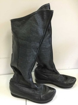 Mens, Sci-Fi/Fantasy Boots , No Label , Black, Leather, Solid, Basket Weave, 12, Basket Weave Texture Front, Knee Length Elf Point Toe
